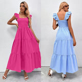 Robe Longue à Encolure Carrée avec Volants Élégants