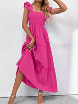 Robe Longue à Encolure Carrée avec Volants Élégants