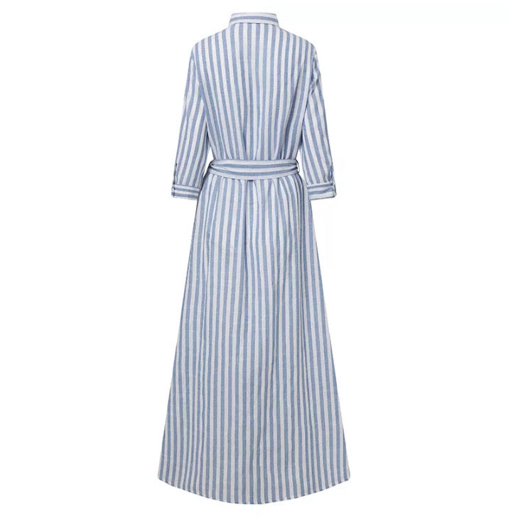 Robe à Rayures Verticales avec Ceinture : L'Élégance Décontractée en Coton et Lin