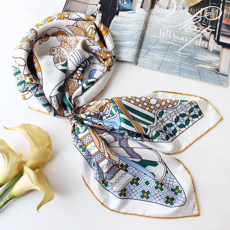 Foulard Carré JAEGER En Soie - Motif London-Paris-New York - Roulotté - Occasion Vintage - Écharpe Femme
