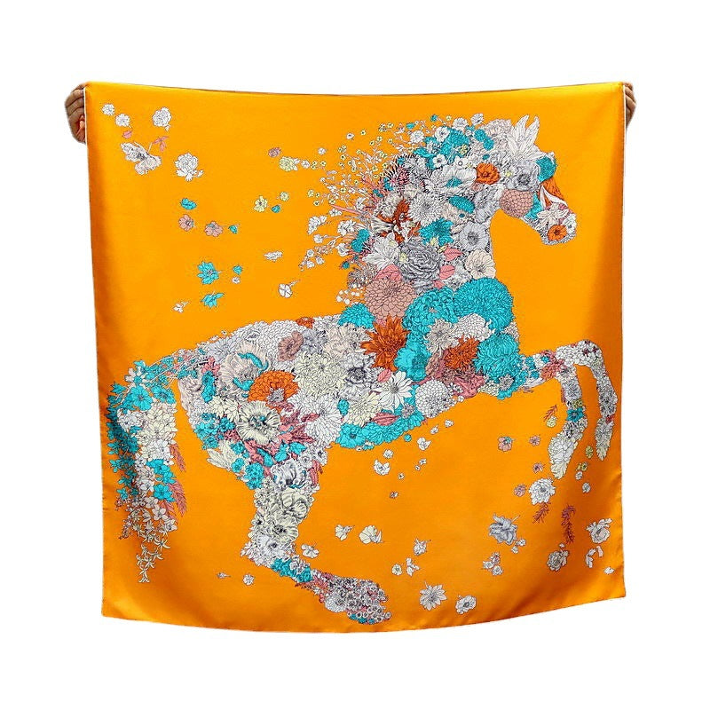 Foulard carré "Flower Horse" en 100% soie,