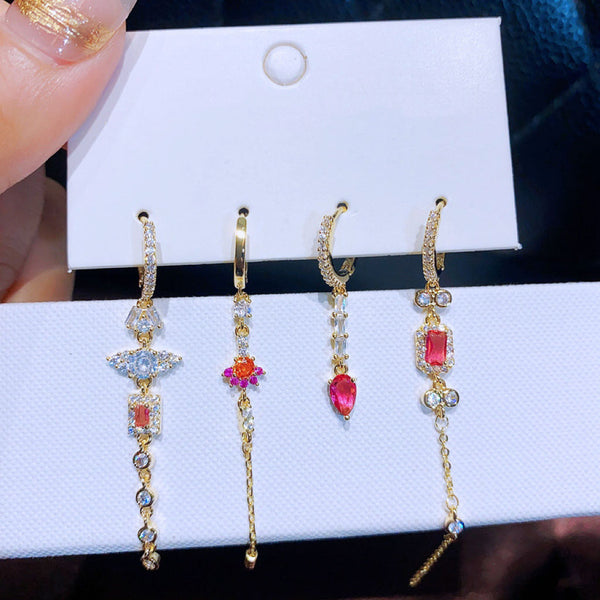 Ensemble de 4 paires de boucles d'oreilles pendantes en zircons roses