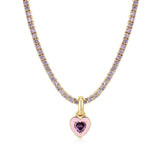 Collier de tennis à pendentif cœur en acier inoxydable,  rose clair, rose vif et jaune :