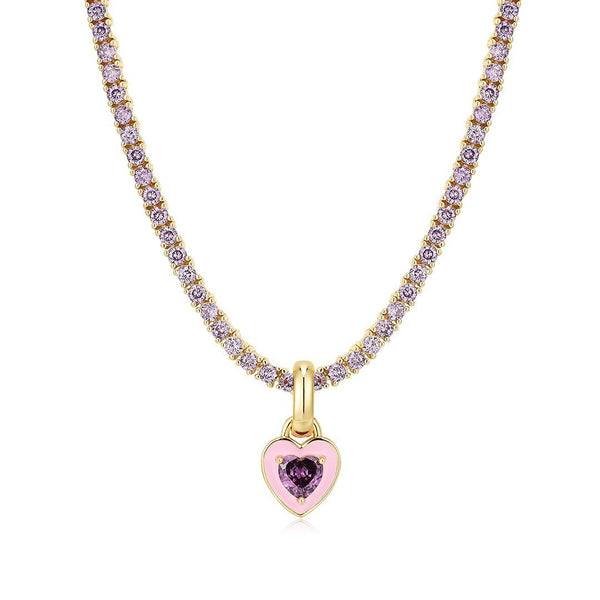Collier de tennis à pendentif cœur en acier inoxydable,  rose clair, rose vif et jaune :