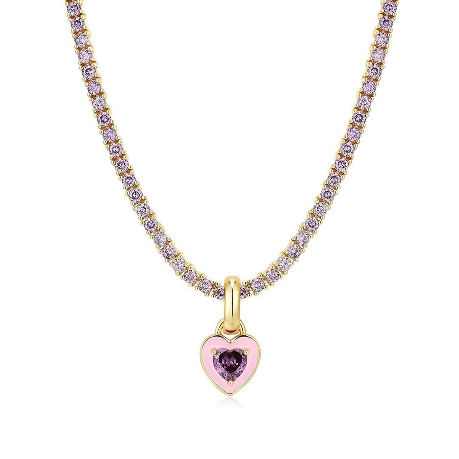 Collier de tennis à pendentif cœur en acier inoxydable,  rose clair, rose vif et jaune :