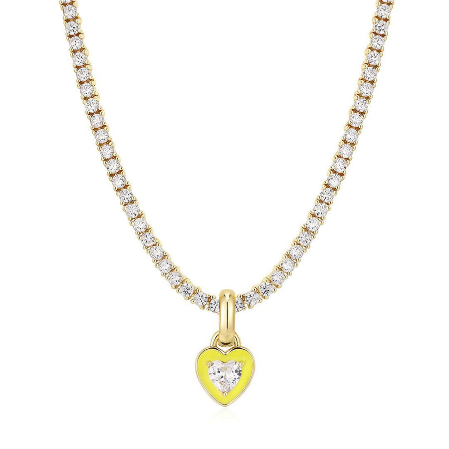 Collier de tennis à pendentif cœur en acier inoxydable,  rose clair, rose vif et jaune :