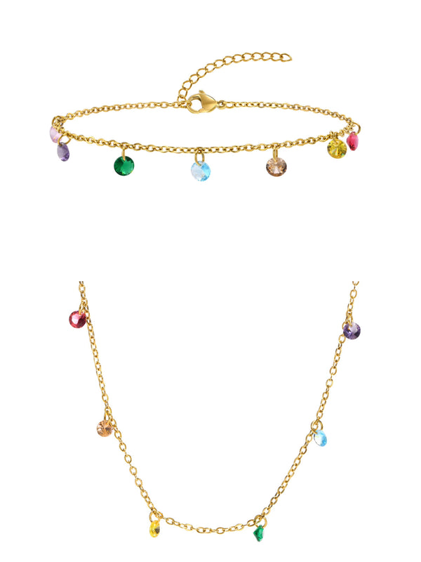 Ensemble collier et bracelet de cheville en acier inoxydable avec zircons arc-en-ciel