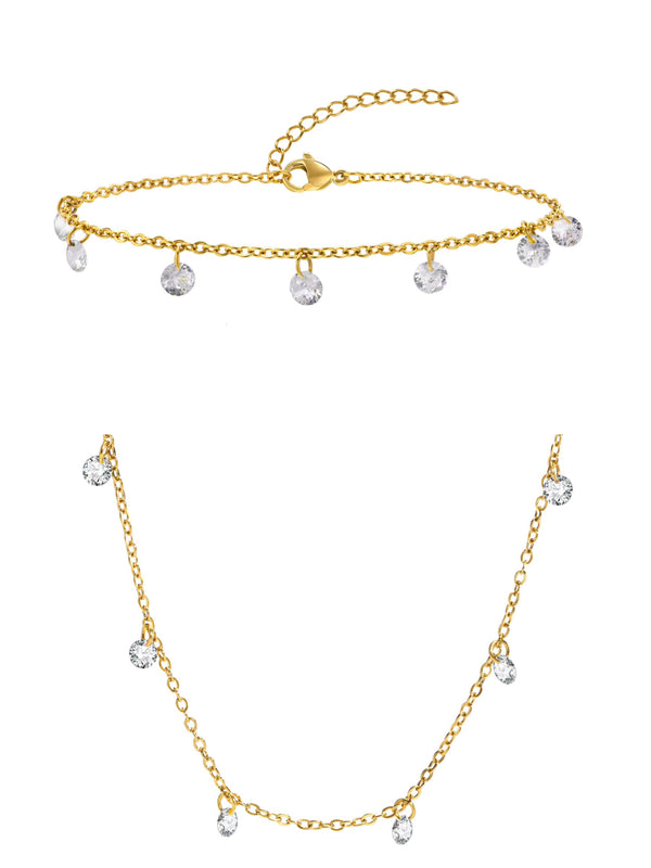 Ensemble collier et bracelet de cheville en acier inoxydable avec zircons clairs