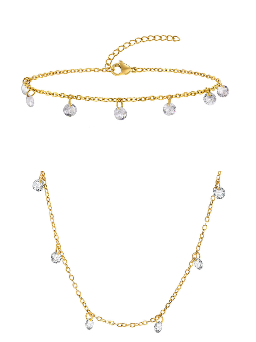Ensemble collier et bracelet de cheville en acier inoxydable avec zircons clairs