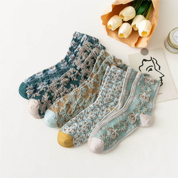 Chaussettes à Fleurs Brodées Vintage ( 5 paires )