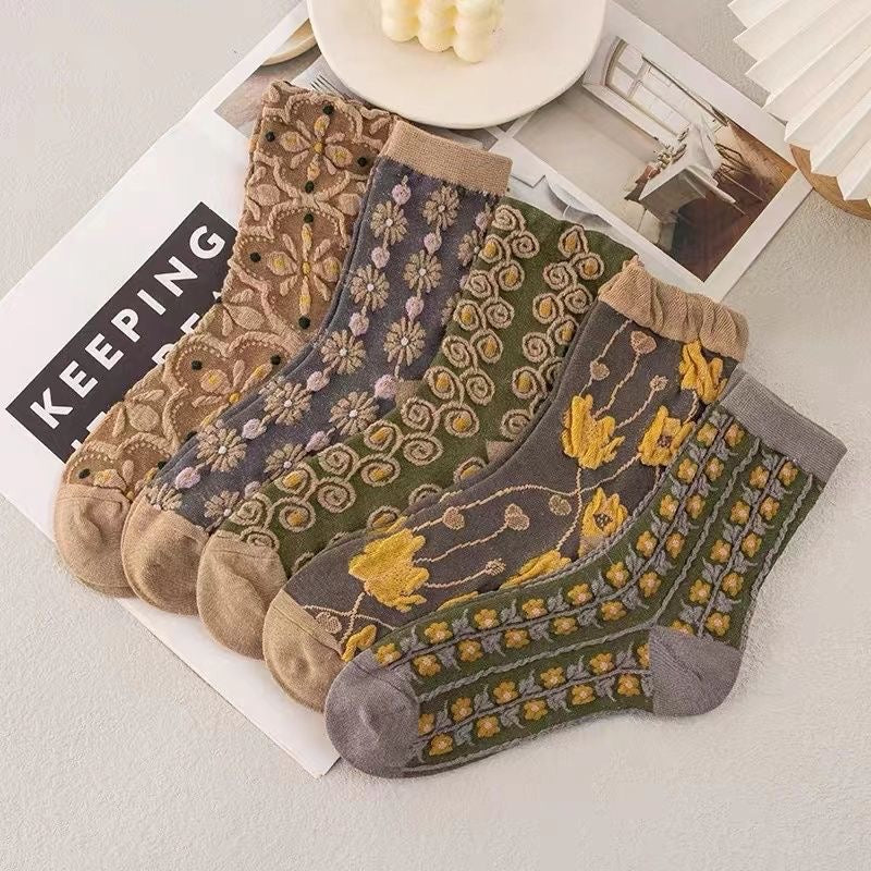 Chaussettes à Fleurs Brodées Vintage ( 5 paires )