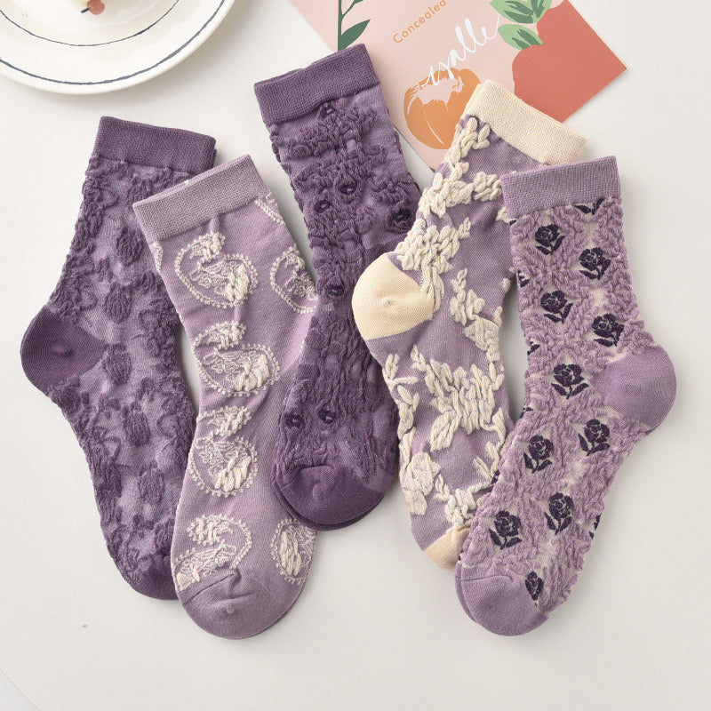 Chaussettes à Fleurs Brodées Mauve Vintage ( 5 paires )