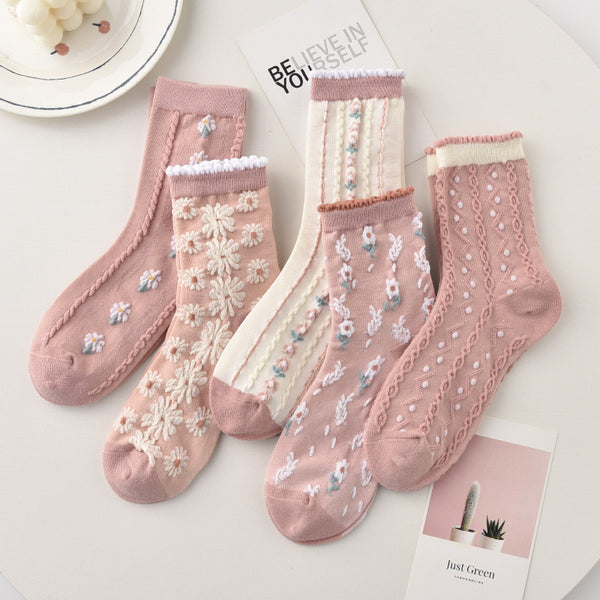 Chaussettes à Fleurs Brodées rose Vintage ( 5 paires )