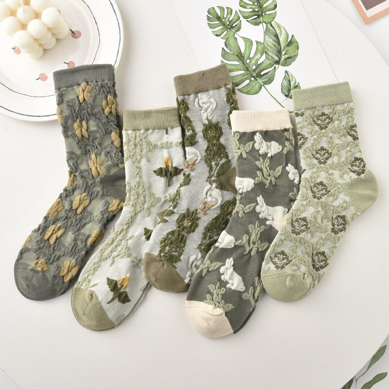 Chaussettes à Fleurs Brodées Vert Vintage ( 5 paires )