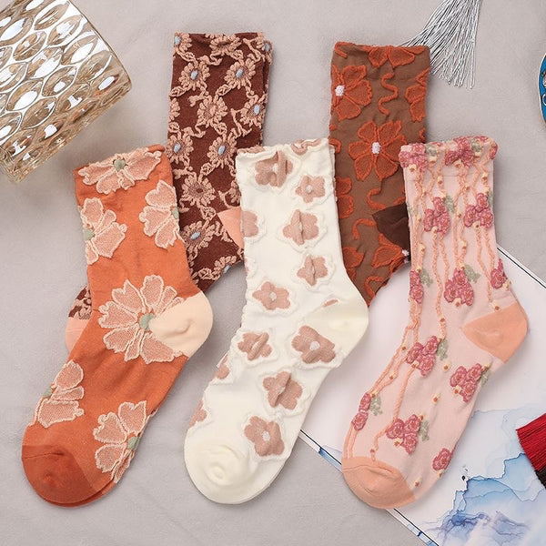 Chaussettes Brodées Fleur rose Vintage ( 5 paires )