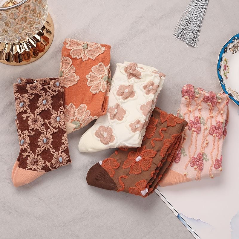 Chaussettes Brodées Fleur rose Vintage ( 5 paires )