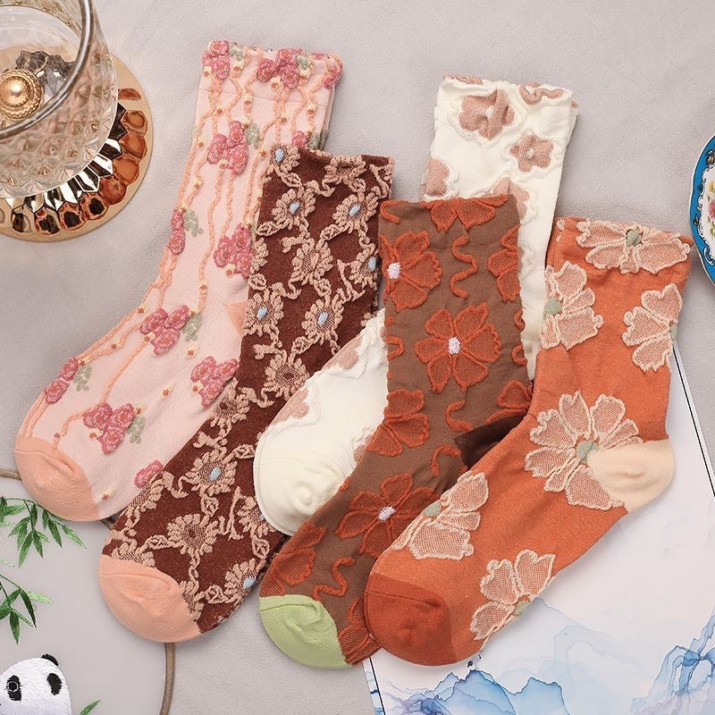Chaussettes Brodées Fleur rose Vintage ( 5 paires )
