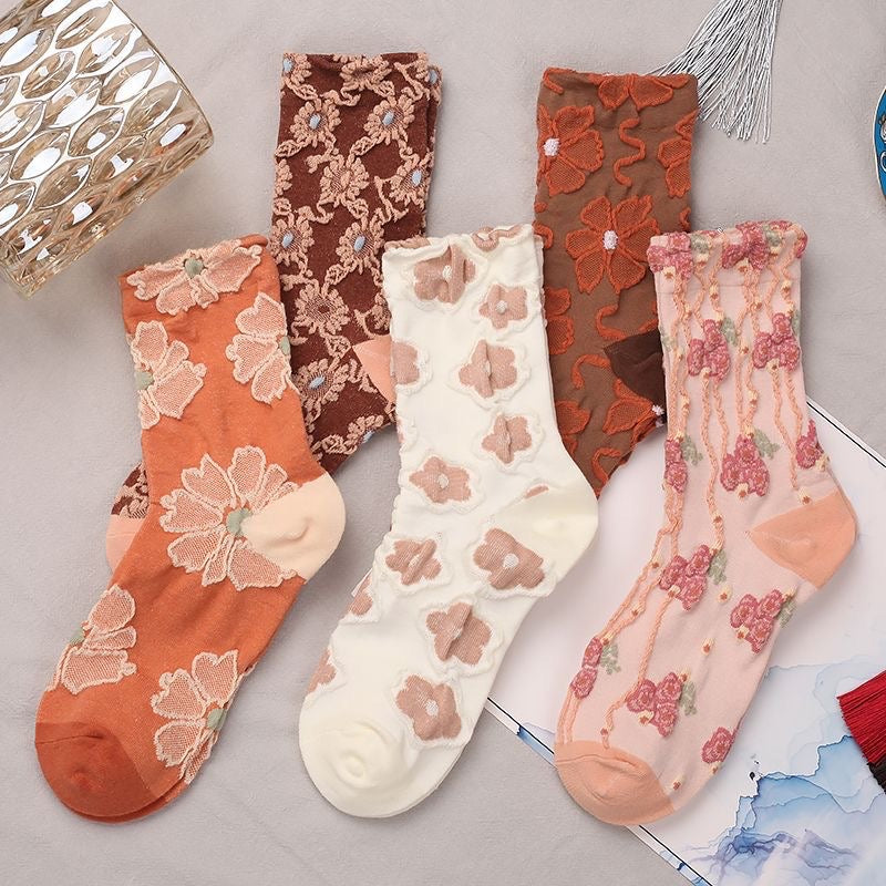 Chaussettes Brodées Fleur rose Vintage ( 5 paires )