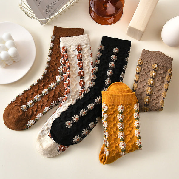 Chaussettes Brodées Fleur rose Vintage ( 5 paires )