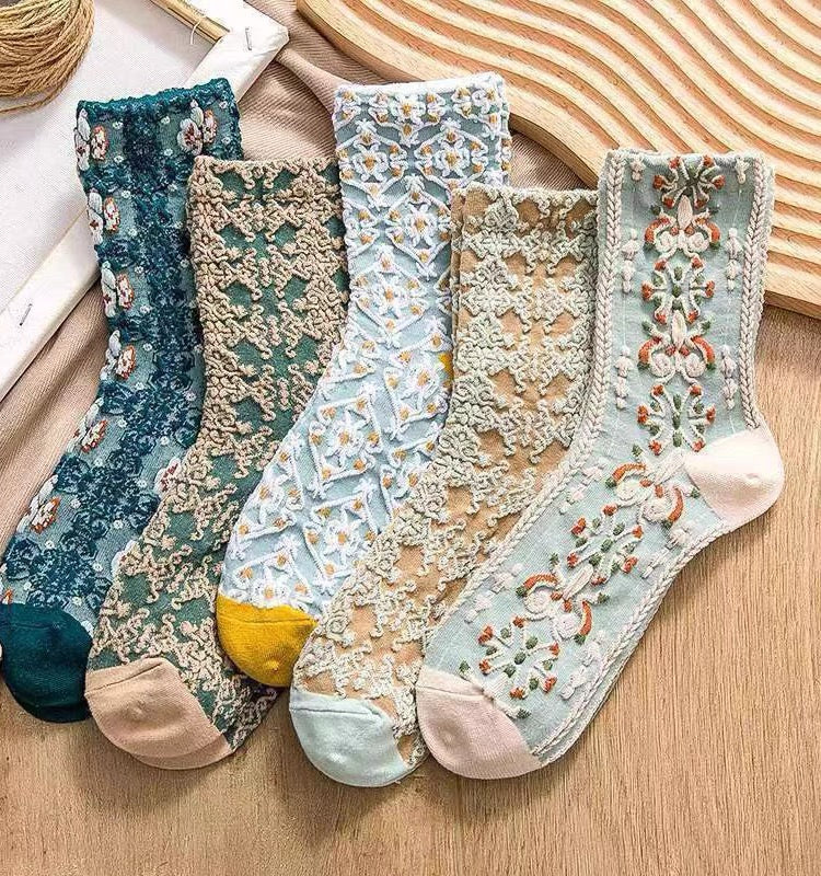 Chaussettes Brodées caprice de fleur Vintage ( 5 paires )