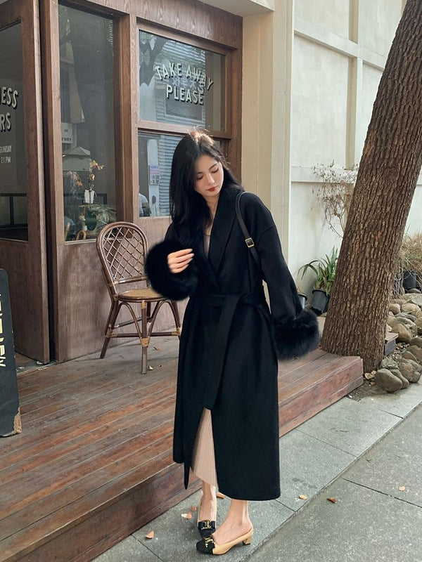 Manteau Long Double Face en Laine avec Poignets en Vrai  fourrure de renard