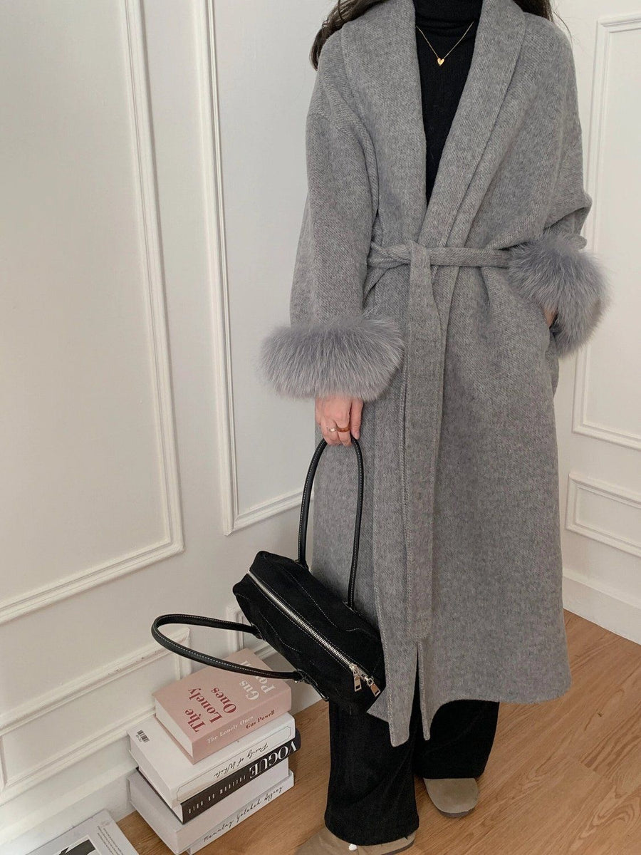 Manteau Long Double Face en Laine avec Poignets en Vrai  fourrure de renard