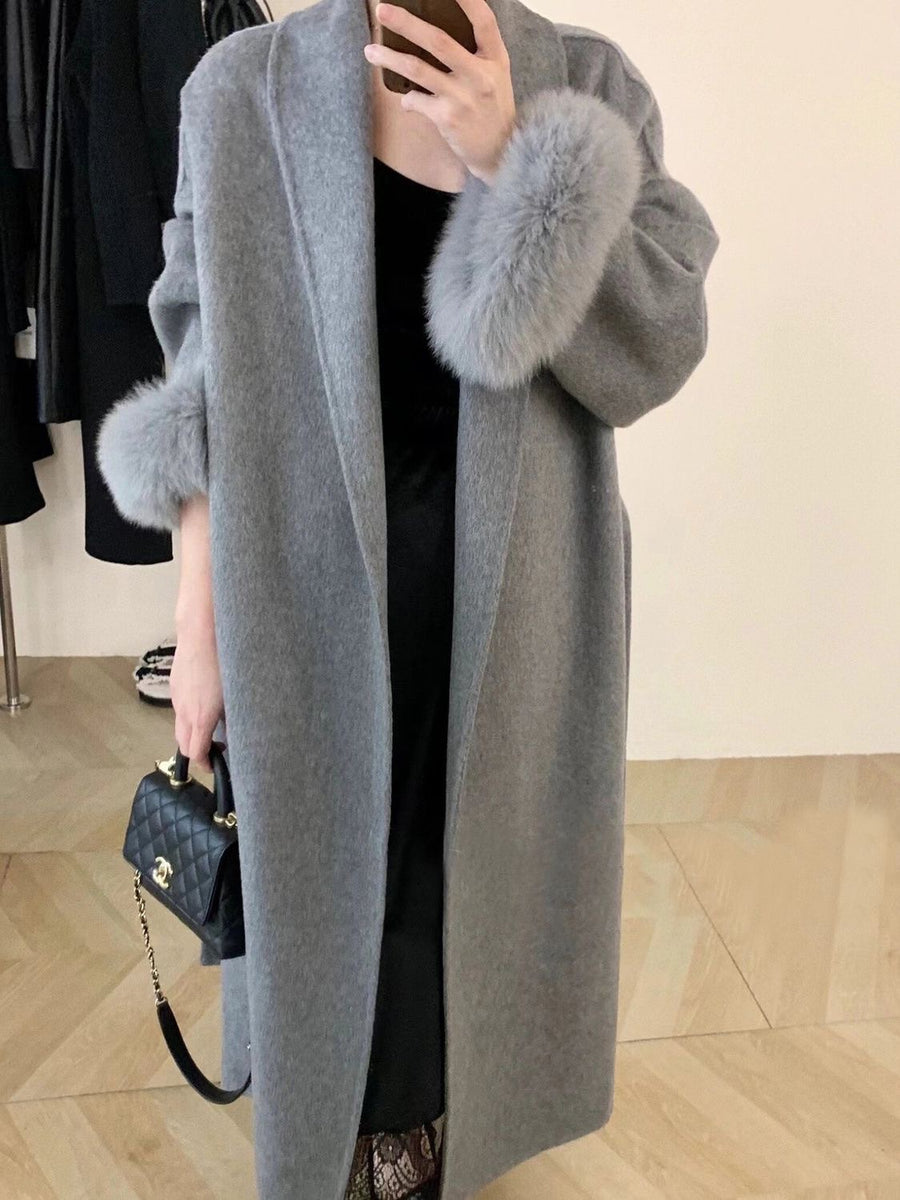 Manteau Long Double Face en Laine avec Poignets en Vrai  fourrure de renard