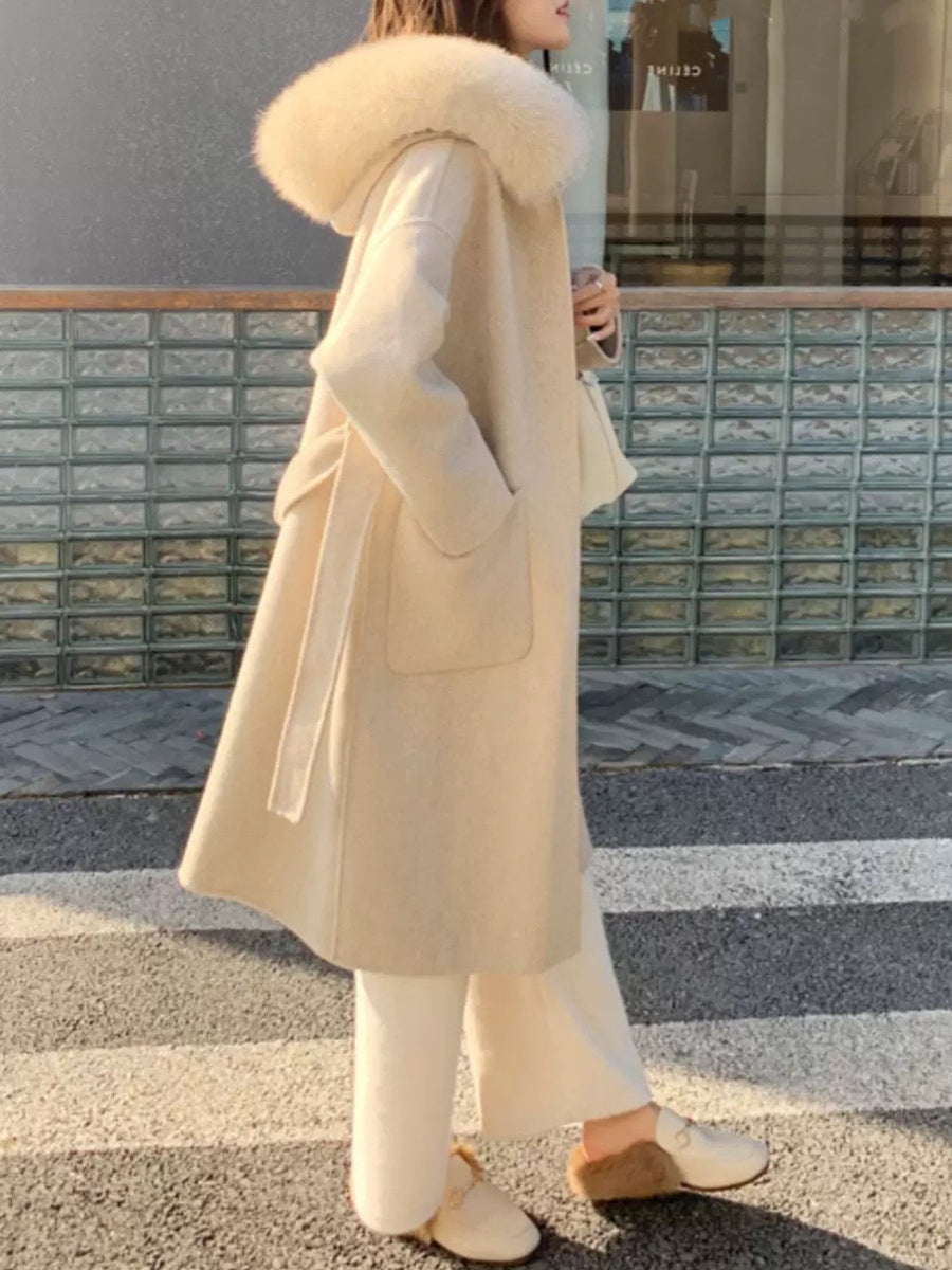 Manteau élégant en laine avec col en fourrure volumineux