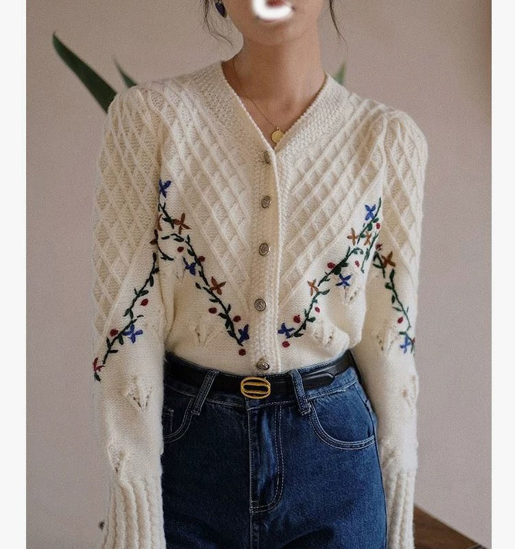 Cardigan Vintage avec Broderie - Taille Unique