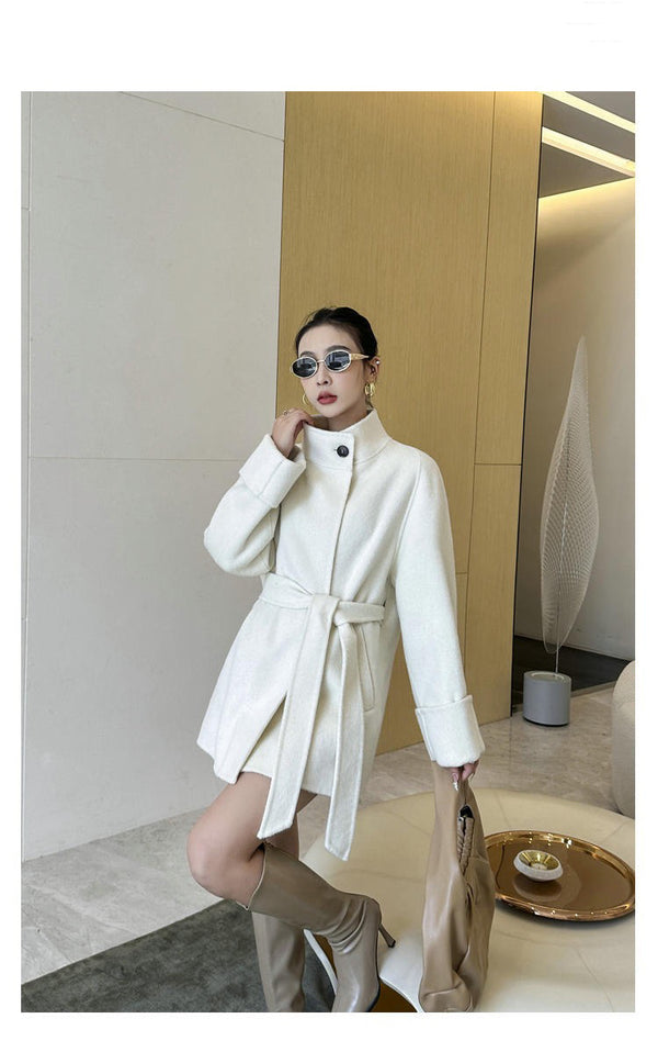 Manteau Court Ceinturé à Un Bouton en Laine Double Face