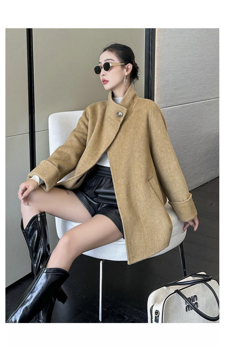 Manteau Court Ceinturé à Un Bouton en Laine Double Face