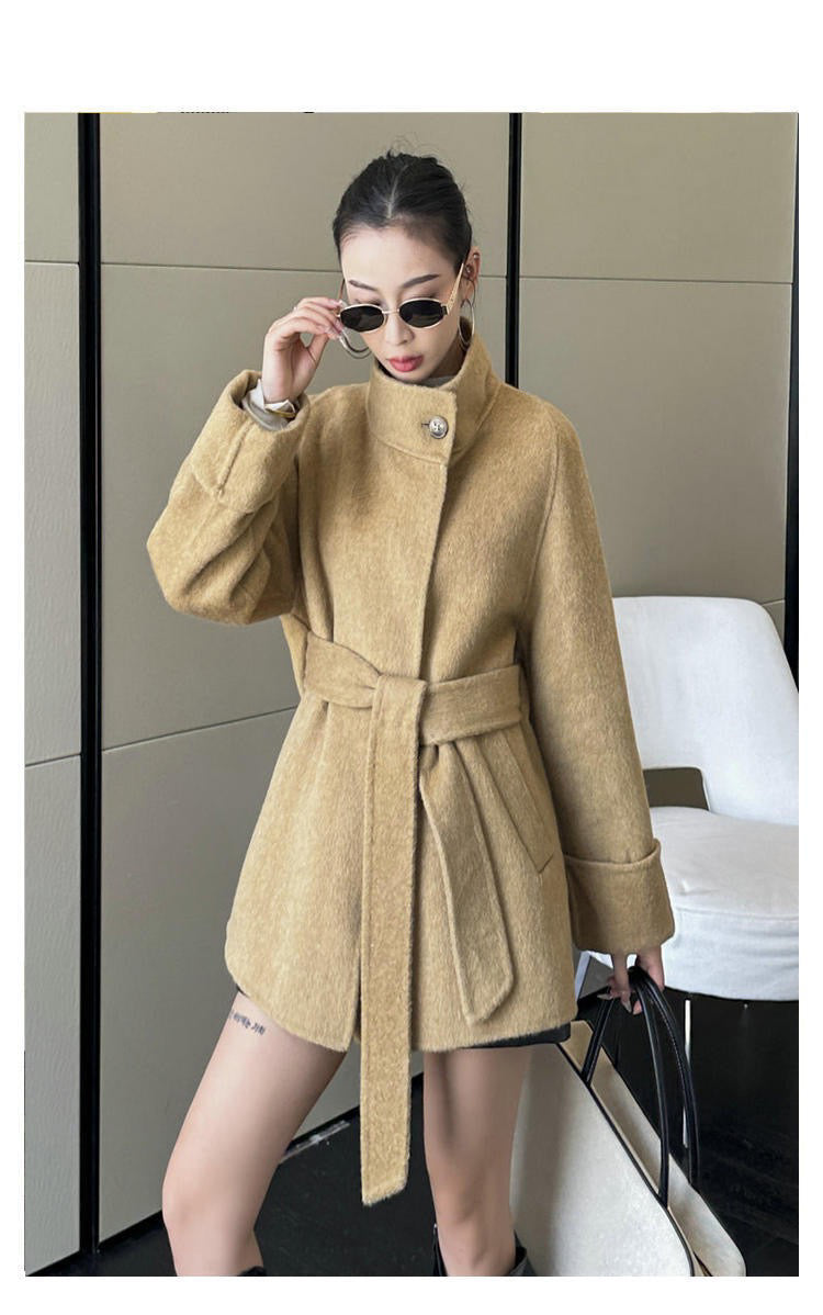 Manteau Court Ceinturé à Un Bouton en Laine Double Face