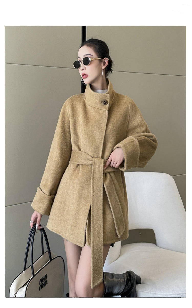 Manteau Court Ceinturé à Un Bouton en Laine Double Face