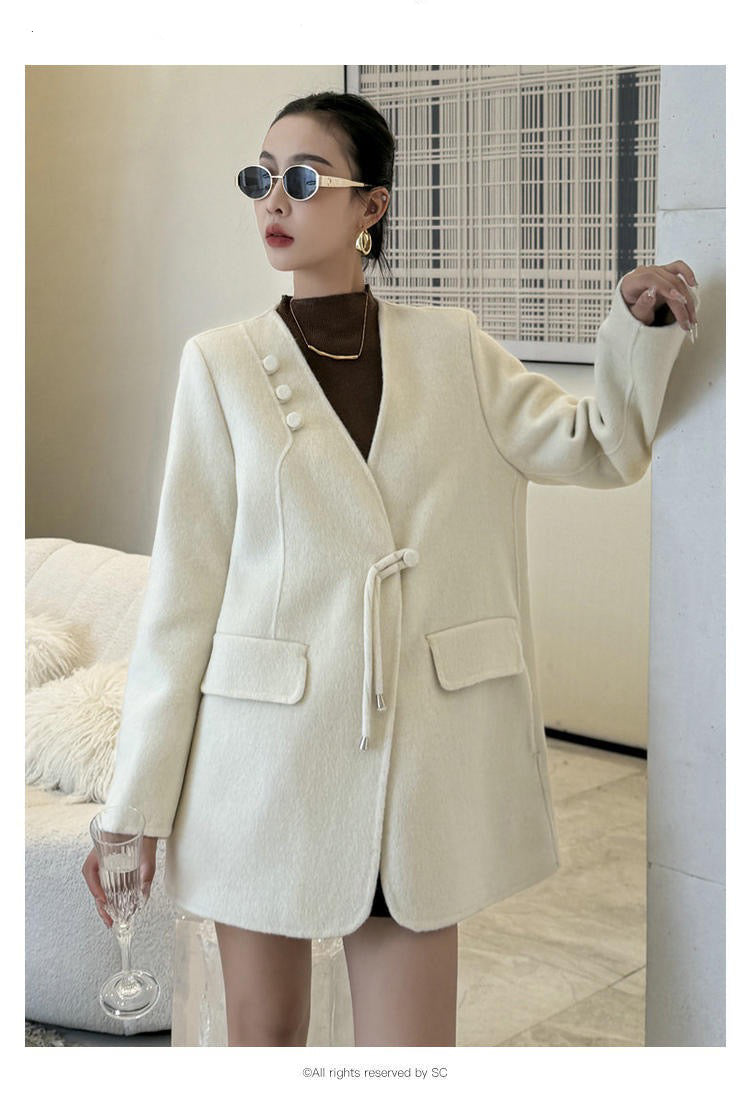 Manteau à Col V en Laine Double Face avec Bouton et Glands