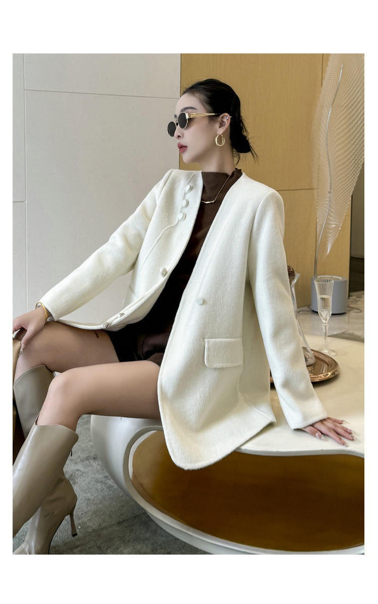 Manteau à Col V en Laine Double Face avec Bouton et Glands