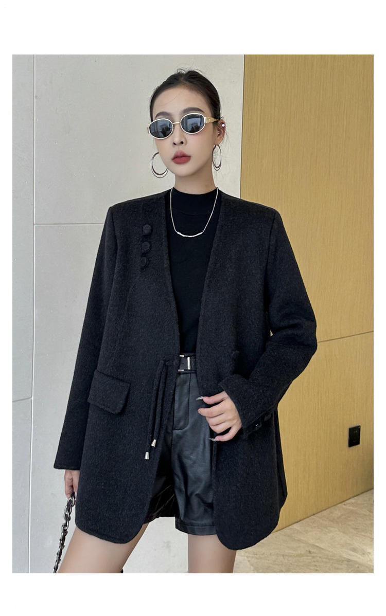 Manteau à Col V en Laine Double Face avec Bouton et Glands