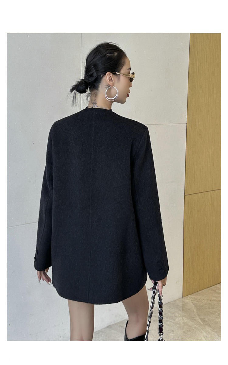 Manteau à Col V en Laine Double Face avec Bouton et Glands