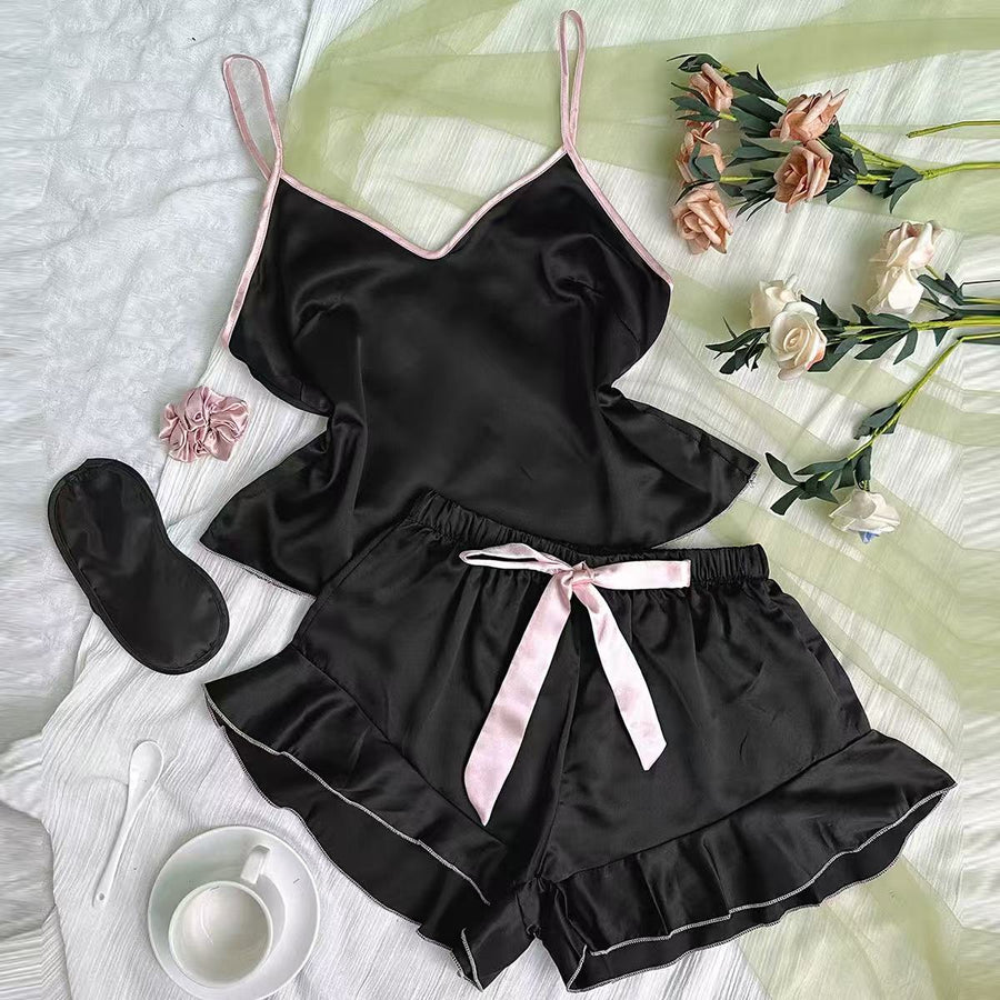 ✨ Ensemble Pyjama 2 pièces Satiné – Rose/Noir ✨