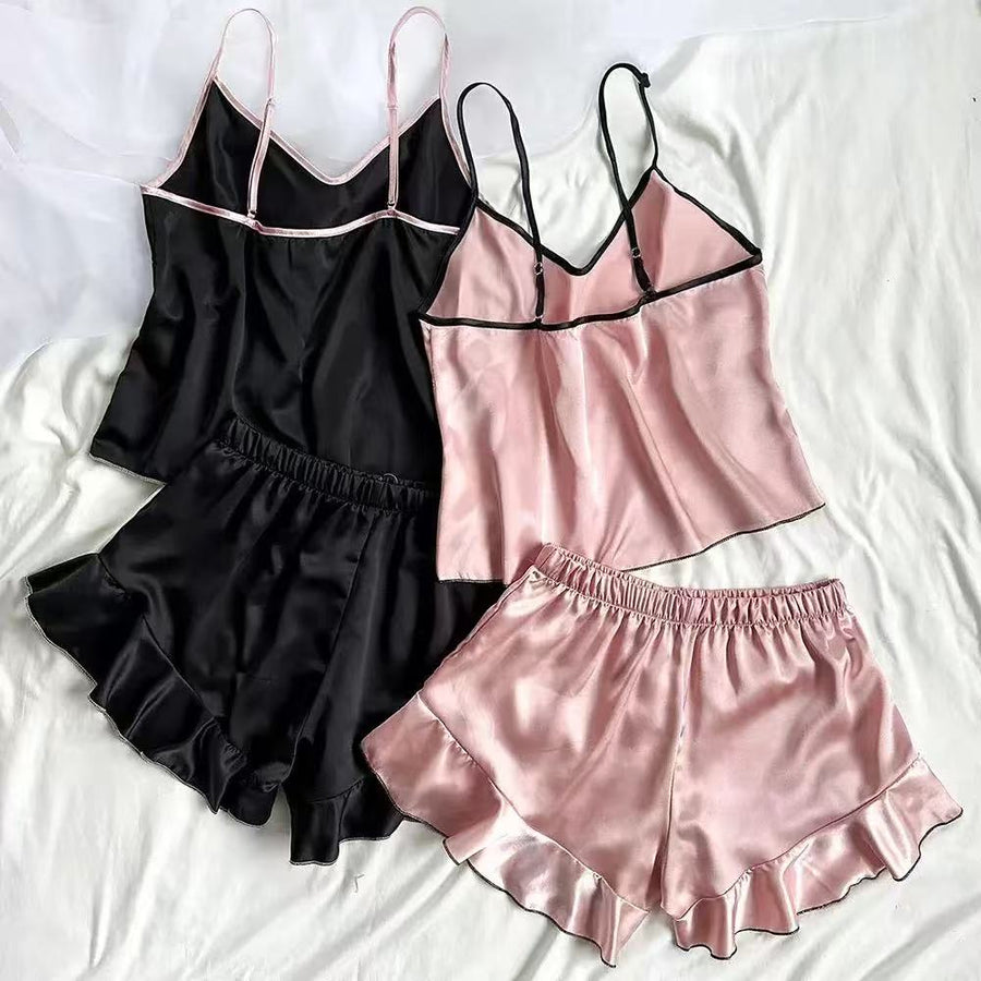 ✨ Ensemble Pyjama 2 pièces Satiné – Rose/Noir ✨
