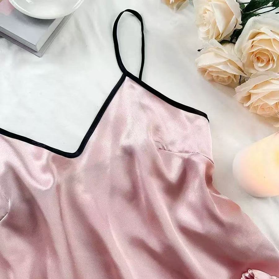 ✨ Ensemble Pyjama 2 pièces Satiné – Rose/Noir ✨