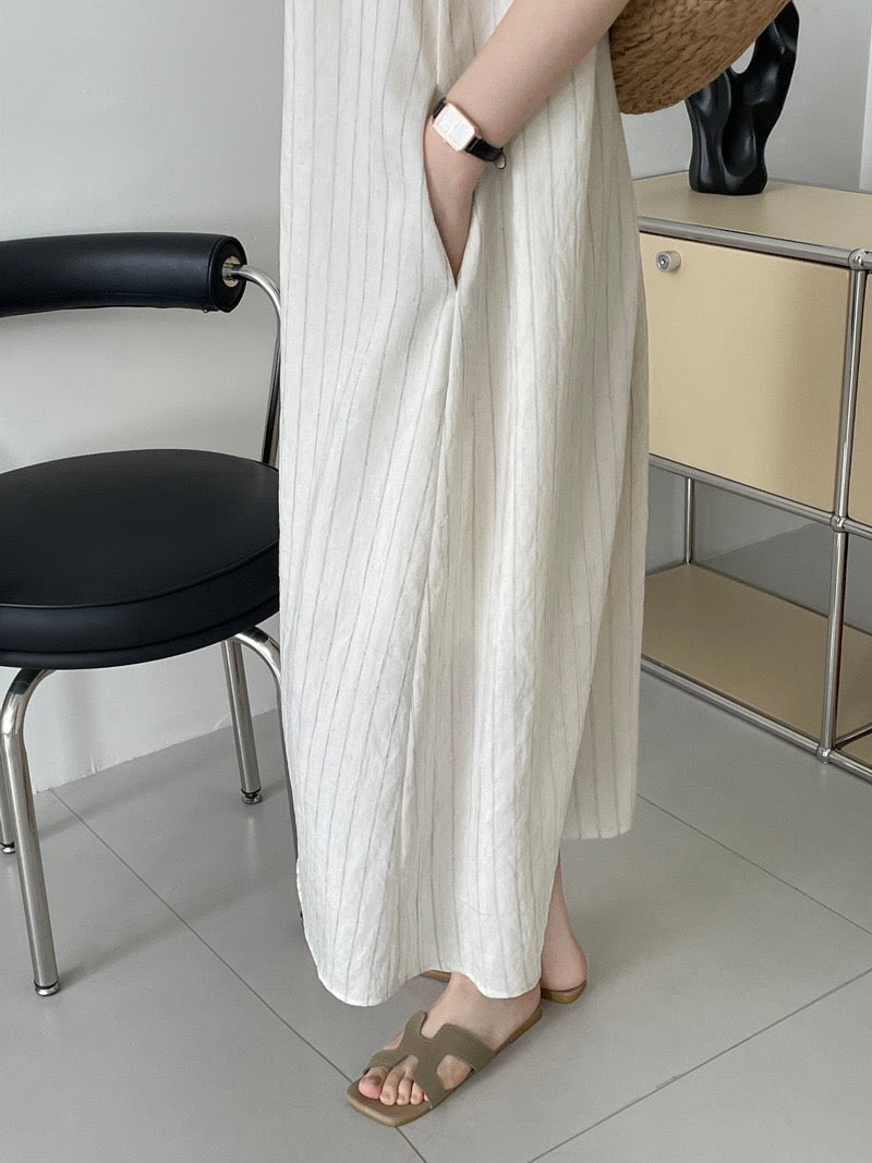 Robe Longue à Rayures sans Manches en Lin