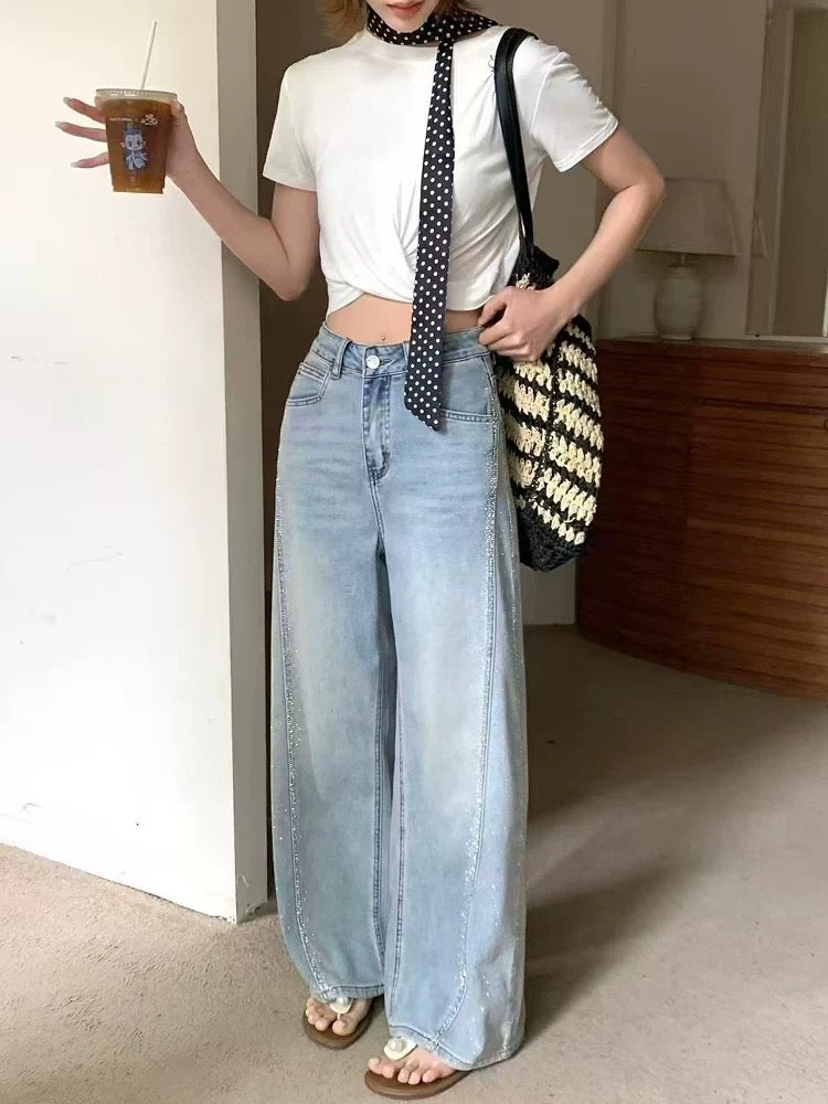 Jean large taille haute bleu délavé
