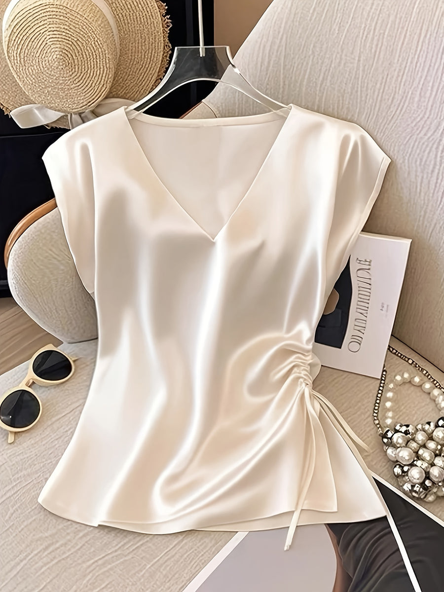 Women'S Solid Color Satin V-Neck Shirt with Pleated Detail | Elegant Drawstring Design for Spring/Summer/Fall
