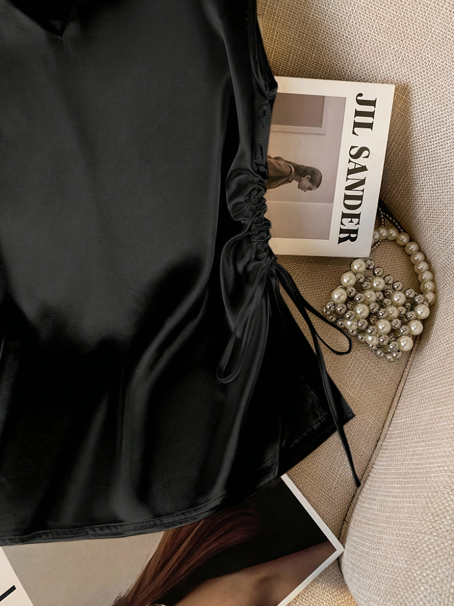 Women'S Solid Color Satin V-Neck Shirt with Pleated Detail | Elegant Drawstring Design for Spring/Summer/Fall