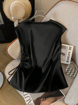 Women'S Solid Color Satin V-Neck Shirt with Pleated Detail | Elegant Drawstring Design for Spring/Summer/Fall