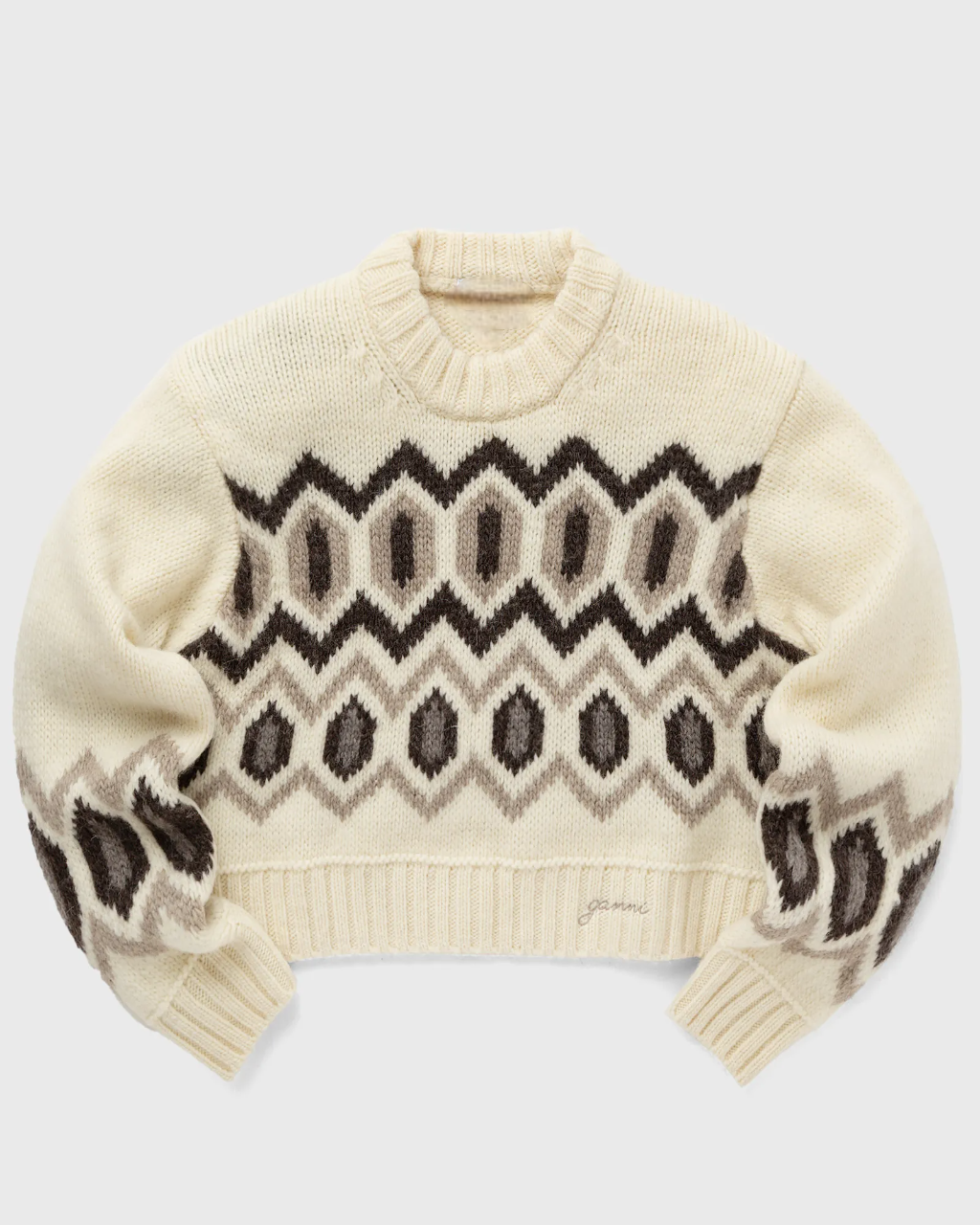 Ganni Pull en Laine Épais à Motif Graphique et Col Rond Court
