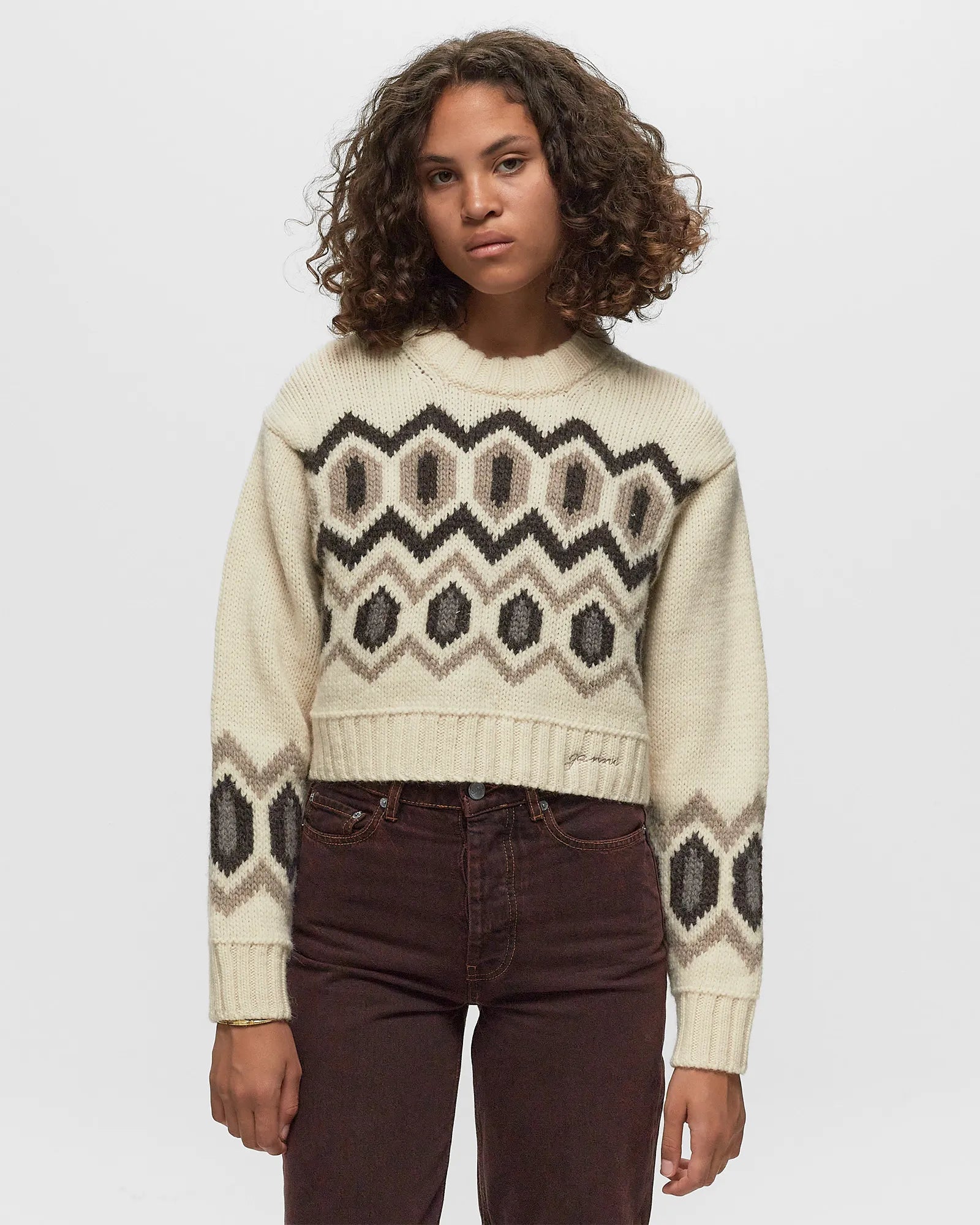 Ganni Pull en Laine Épais à Motif Graphique et Col Rond Court