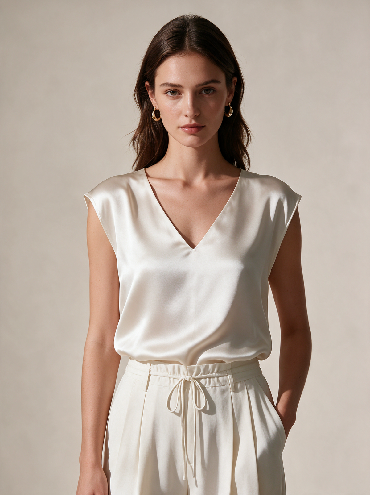 Chemise satinée col V à plis