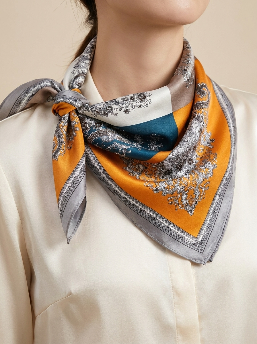 Foulard carré en soie motif cachemire
