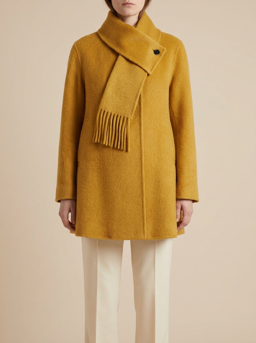 Manteau court en laine à écharpe intégrée